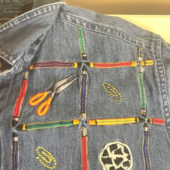 VTG Teacher School Novelty Embellished Womens Top Sz M Denim Y2K Button Up Cute - Picture 7 of 15